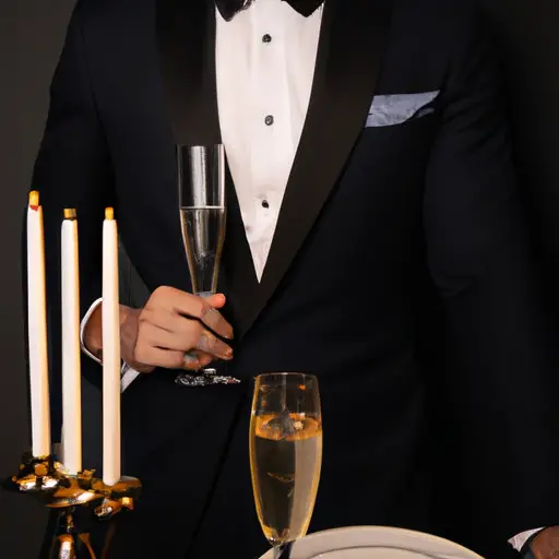 An image showcasing a stylish gentleman in a tailored black suit, accessorized with a silk bowtie and pocket square, effortlessly exuding sophistication and confidence while holding a champagne glass at an elegant candlelit dinner