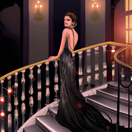 An image showcasing a glamorous evening scene with a sophisticated lady wearing an alluring floor-length black gown adorned with shimmering sequins, gracefully sashaying down a candlelit staircase, exuding timeless elegance and confidence