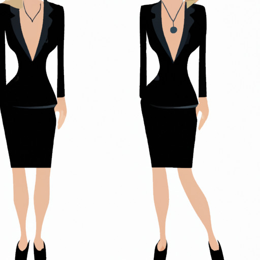 An image showcasing a sophisticated woman wearing a sleek, black, knee-length dress with a form-fitting silhouette