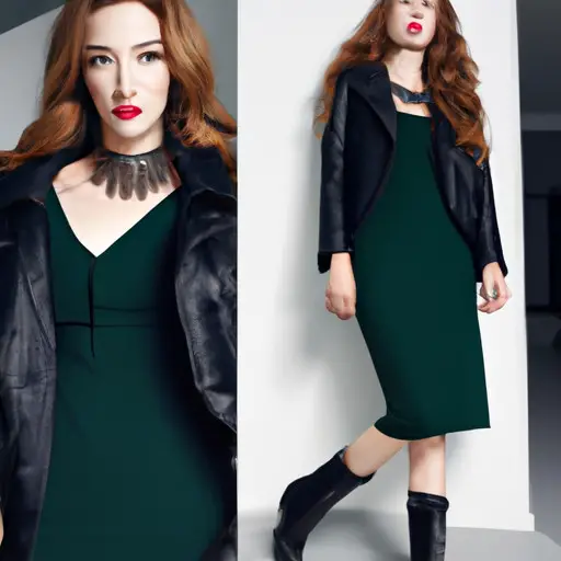 , black leather jacket draped over a form-fitting, knee-length, emerald green dress