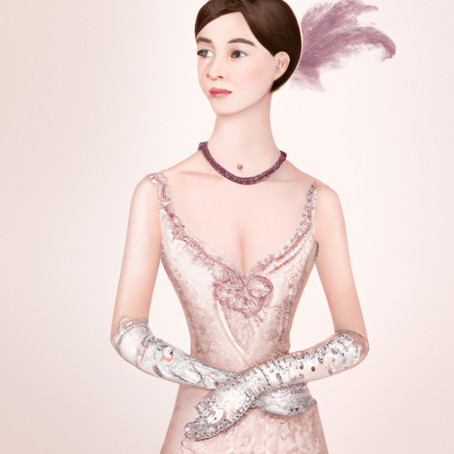 An image of a woman wearing a delicate lace blush pink dress with a sweetheart neckline, paired with ivory lace gloves, a vintage pearl necklace, and a feathered headpiece, exuding timeless elegance