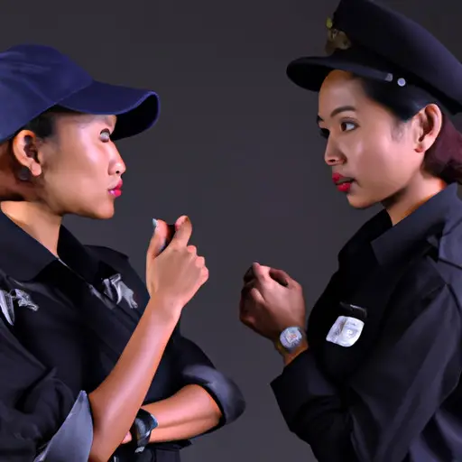 An image portraying a female police officer exchanging secret glances with a fellow officer, while concealing their actions from their colleagues