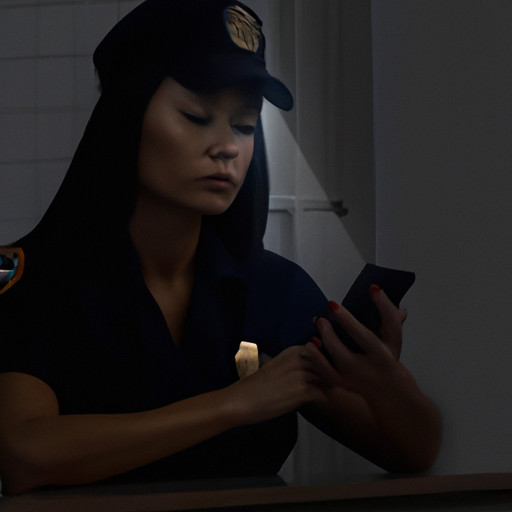 An image that depicts a female police officer sitting alone in a dimly lit room, her face filled with guilt as she deletes compromising messages from her phone, symbolizing the sensitive topic of female officer cheating