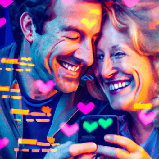 An image that showcases a middle-aged couple joyfully engaging with a dating app on a smartphone, their faces illuminated by the screen's warm glow, while surrounded by a backdrop of vibrant hearts and diverse dating profiles