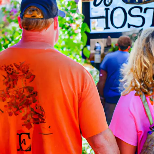 An image of a middle-aged couple strolling hand in hand through a vibrant, bustling farmers market, delighting in the array of colors and flavors