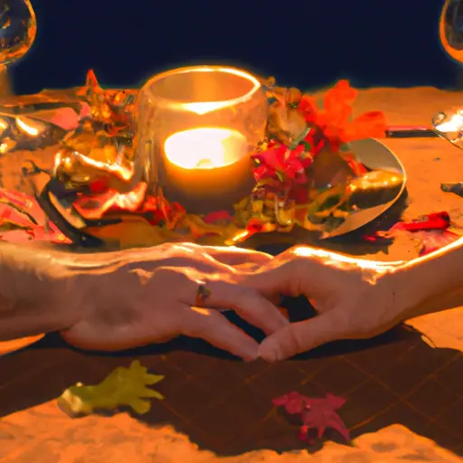An image showing two middle-aged individuals sitting across from each other at a cozy candlelit dinner table, their hands gently touching, while a backdrop of vibrant autumn leaves and a setting sun symbolizes newfound love in their forties