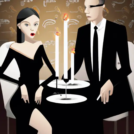 An image showcasing two elegant individuals seated at a candlelit table in a trendy restaurant