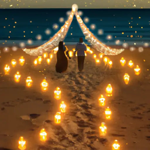An image showcasing a couple strolling hand in hand along a candlelit beach at sunset, surrounded by a canopy of fairy lights twinkling above them, evoking the magic of a romantic and unforgettable first dating anniversary
