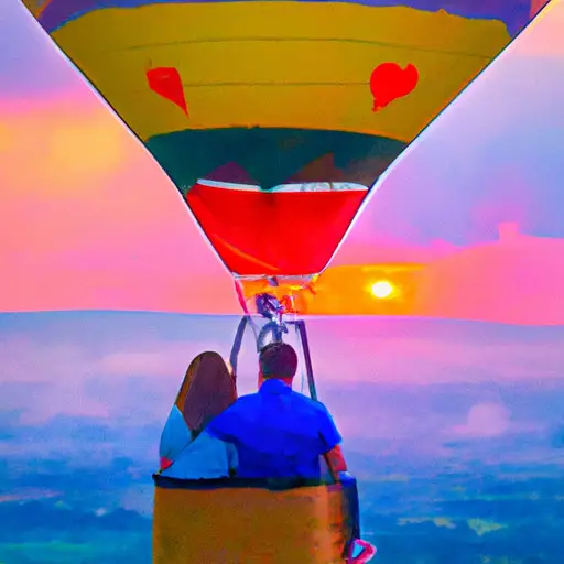 An image of a couple on a hot air balloon ride at sunrise, capturing their joyful expressions as they admire the breathtaking landscape below