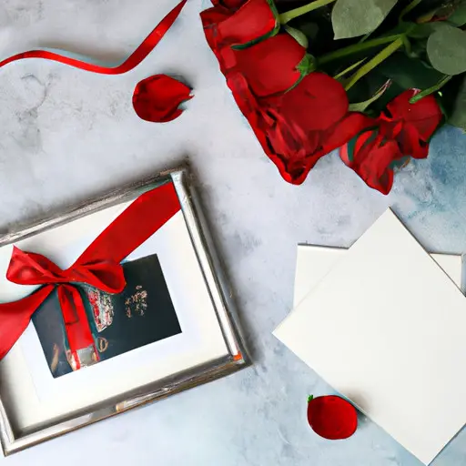 An image showcasing a beautifully wrapped box adorned with a delicate ribbon, revealing a heartfelt love letter, a framed photograph capturing a cherished memory, and a bouquet of vibrant red roses