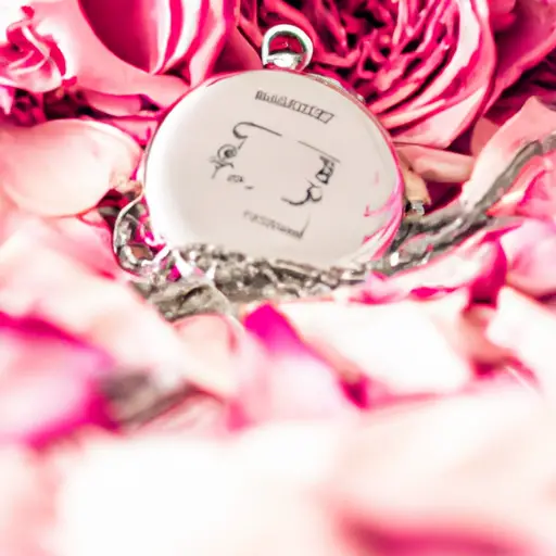An image showcasing a beautifully engraved silver locket, delicately displaying a couple's initials and the date of their first year anniversary, nestled on a bed of soft rose petals