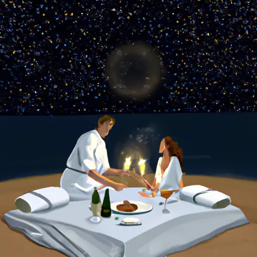 An image showcasing a couple sitting on a blanket under a starry sky, toasting with champagne glasses, while a professional chef prepares a romantic dinner for them on a secluded beach