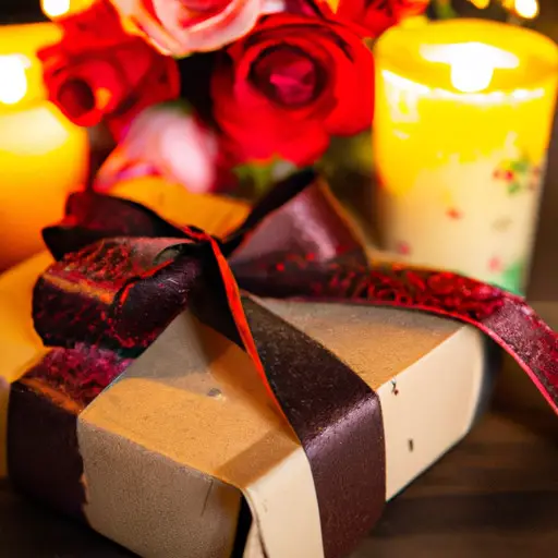 An image of a beautifully wrapped gift box, adorned with a vibrant bouquet of roses, sitting on a rustic wooden table