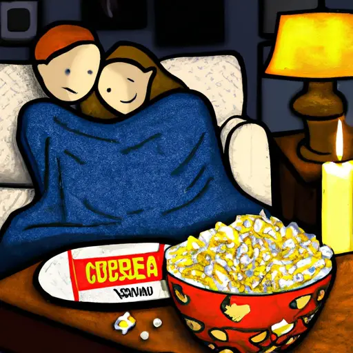 An image capturing the essence of a cozy movie night at home: a dimly lit room with flickering candlelight, a plush blanket draped over a couple cuddling on the couch, popcorn bowls and a stack of DVDs nearby