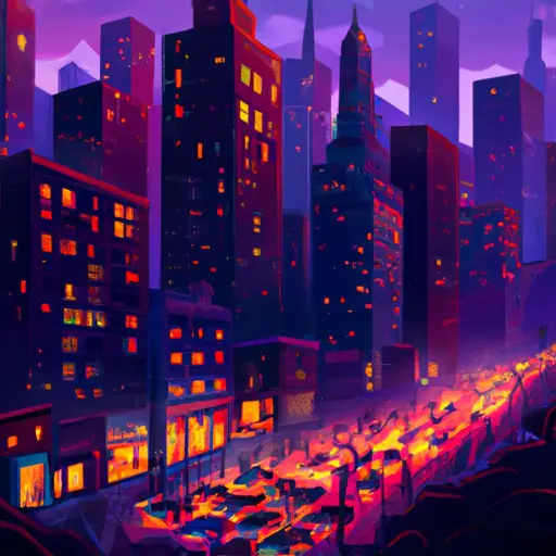 An image of a bustling cityscape at dusk, adorned with neon-lit restaurants, theaters, and bars