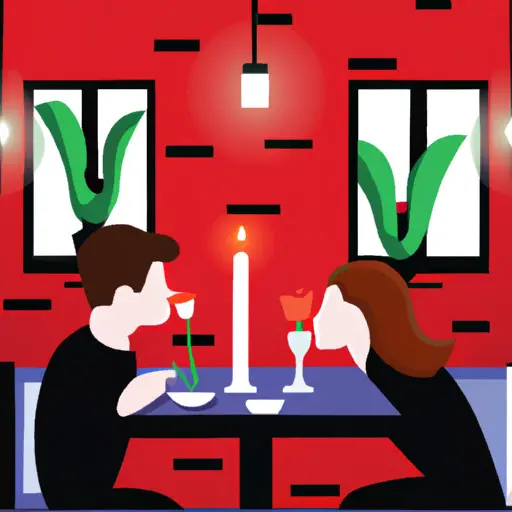 An image showcasing a dimly lit, cozy bistro with flickering candlelight, where two individuals sit across each other at a small table adorned with a red rose, sharing laughter and leaning in for a stolen kiss