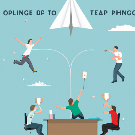 An image showcasing the exhilarating Office Olympics: Capture the excitement of coworkers engaging in desk chair races, paper airplane contests, and intense ping pong tournaments, fostering a lively and competitive atmosphere