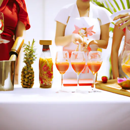 An image of a vibrant, well-stocked makeshift bar with colorful mocktails, cocktails, and delicious snacks