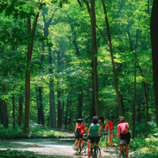  the essence of a perfect Fun Friday by showcasing an image of a group of friends cycling through a lush green forest trail, with sunlight filtering through the leaves, creating a magical atmosphere of adventure and joy