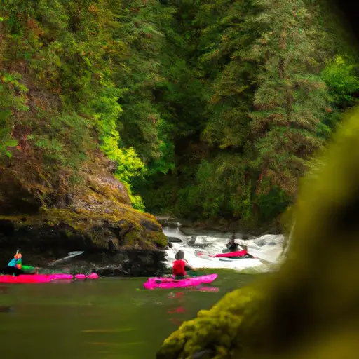 Nt image capturing two couples paddling on colorful kayaks through a serene river surrounded by lush greenery, towering trees, and cascading waterfalls, showcasing the exhilarating experience of double date outdoor adventures