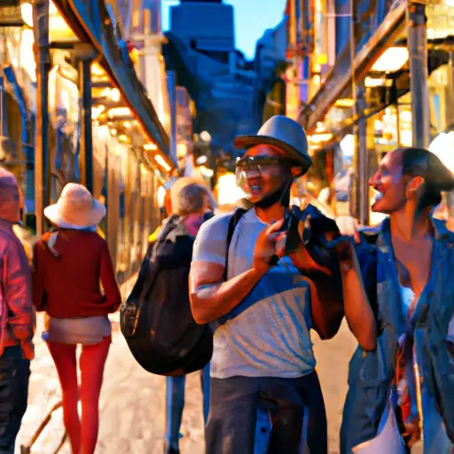 An image showcasing two couples laughing joyfully as they explore a vibrant cityscape