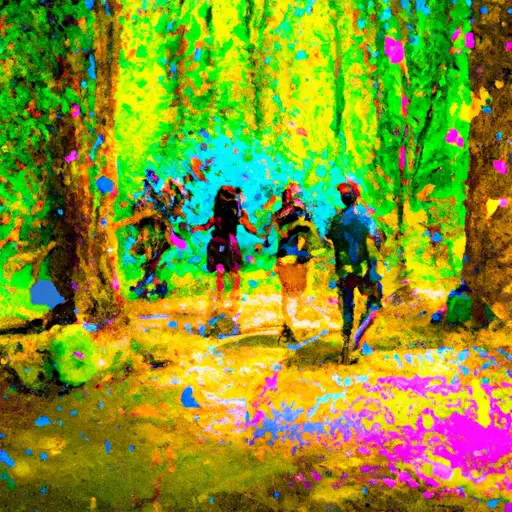 A whimsical image showcasing two couples enjoying a lively paintball match in a vibrant forest setting, with bursts of colorful splatter flying through the air, capturing the essence of thrilling and laughter-filled double dates