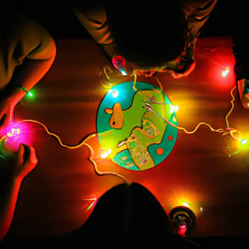 An image that depicts a group of friends joyfully engaged in a lively game night, surrounded by colorful board games, cards, and laughter, illuminated by the warm glow of fairy lights