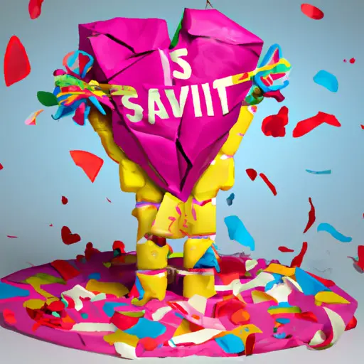 An image of a broken heart-shaped piñata, surrounded by a pile of colorful confetti, with a mischievous grin plastered on its face as it spills out humorous props like a tiny parachute, a boxing glove, and a "survivor" trophy