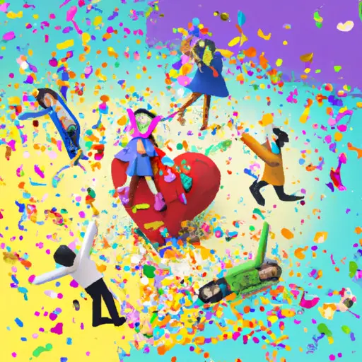 An image featuring a broken heart-shaped piñata surrounded by a group of laughing friends, with colorful confetti scattered around