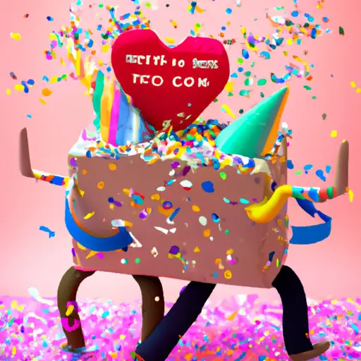 An image of a broken heart-shaped piñata with colorful confetti bursting out, while two laughing friends stand nearby, one holding a sign that says "Moving On," and the other holding a box of tissues – both wearing mischievous grins