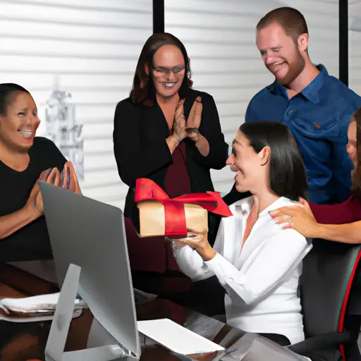 An image of a group of coworkers gathered around a desk, applauding with genuine smiles, while one colleague presents a beautifully wrapped gift as a token of appreciation for their colleague's hard work and dedication