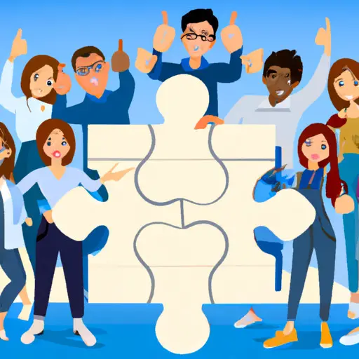 An image showcasing a diverse group of coworkers, smiling and giving a thumbs-up, as they each hold a unique puzzle piece