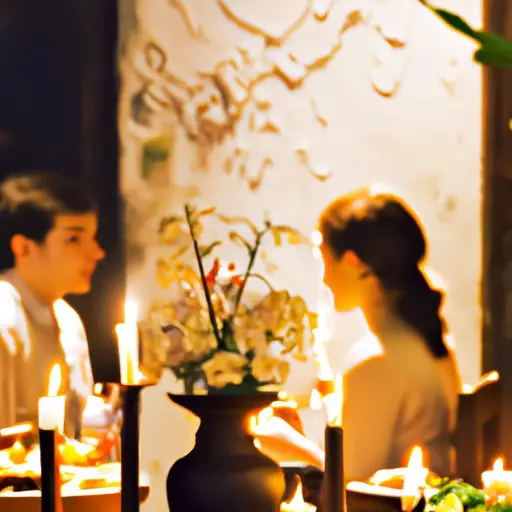 An inviting image showcasing a beautifully set dining table, adorned with flickering candles, delicate flowers, and elegant dinnerware