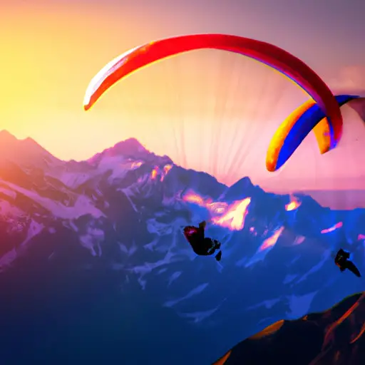  the thrill of an unforgettable date with a breathtaking image: A couple joyfully soaring through the sky, hand in hand, on a tandem paraglide, surrounded by majestic mountains and a vibrant sunset backdrop