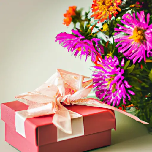 An image showcasing a beautifully wrapped box, adorned with a delicate ribbon, nestled beside a bouquet of vibrant flowers