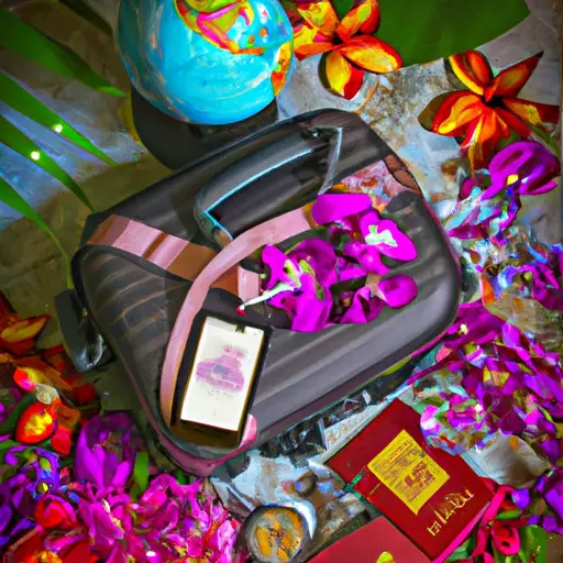 An image showcasing a beautifully wrapped suitcase filled with travel essentials like a personalized luggage tag, a compact camera, a world map journal, and a portable charger, all surrounded by vibrant tropical flowers