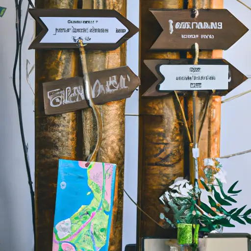 An image showcasing a rustic wooden signpost adorned with handmade luggage tags, passport covers, and customized maps, evoking a sense of wanderlust and offering inspiration for DIY and personalized gifts for destination weddings