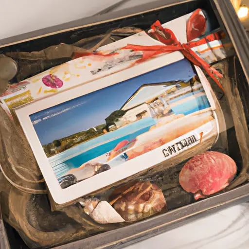 An image that showcases a beautifully wrapped travel-themed shadow box filled with personalized mementos like a miniature plane ticket, seashells, and a photo of the couple, symbolizing the perfect thoughtful gift for a destination wedding