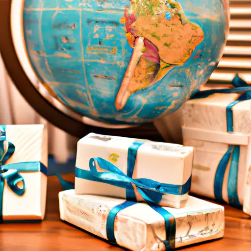 An image showcasing a vintage globe surrounded by beautifully wrapped presents