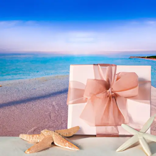 An image showcasing a stunning beach backdrop with a beautifully wrapped gift box adorned with seashells and a delicate starfish bow, perfectly capturing the allure of destination weddings