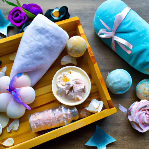 An image showcasing a beautifully arranged DIY spa kit for your girlfriend, consisting of fragrant handmade bath bombs, luxurious homemade body scrubs, soothing face masks, and a plush robe, all presented on a wooden tray