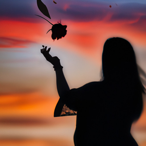 An image showcasing a woman's silhouette against a vibrant sunset backdrop, gently holding a delicate rose with petals that gracefully scatter in the wind, symbolizing the complexities and beauty of understanding her past experiences