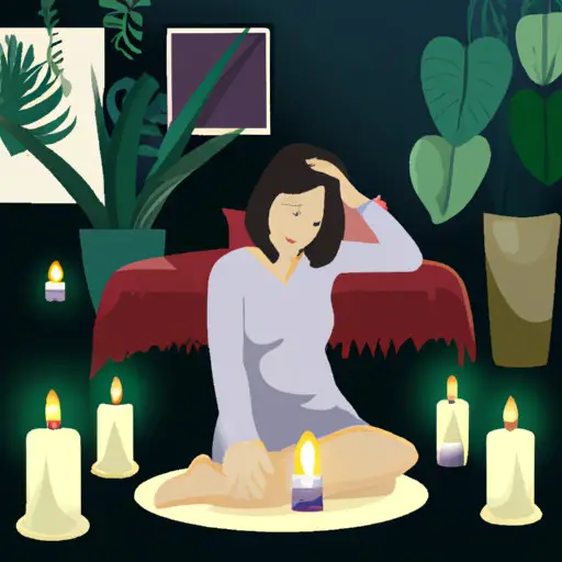 An image showcasing a cozy, dimly lit room with a woman peacefully meditating on a plush cushion, surrounded by calming candles and plants