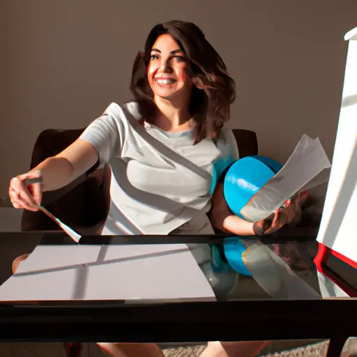 An image capturing a woman juggling a calendar, a paintbrush, and a soccer ball in a sunlit room