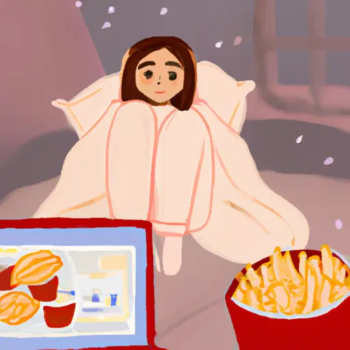 An image that shows a woman wearing pajamas, cuddled under a cozy blanket, surrounded by her favorite snacks, with a closed laptop and a movie playing on the TV, clearly preferring a cozy night in over hanging out with a guy