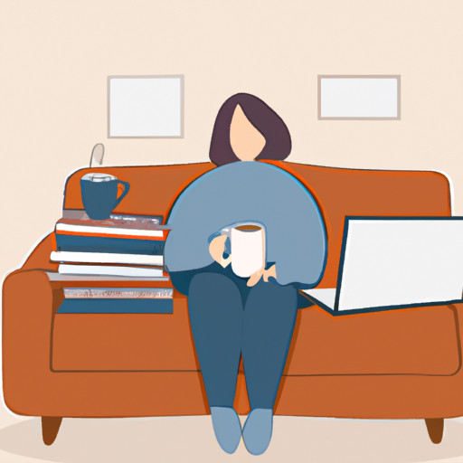An image of a cozy living room, with a person sitting on a couch surrounded by piles of books, a mug of hot cocoa, and a laptop, demonstrating the perfect excuse to decline plans