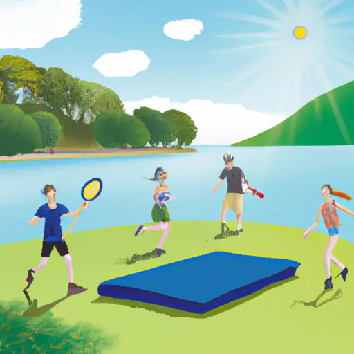 An image showcasing a sunny park scene with a picnic blanket, frisbees soaring through the air, a couple playing badminton, and two friends laughing while paddleboarding on a serene lake