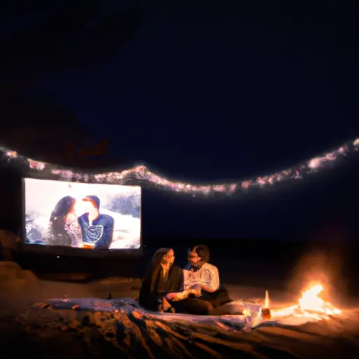 An image showcasing two couples laughing together around a cozy bonfire on a beach, with fairy lights strung overhead