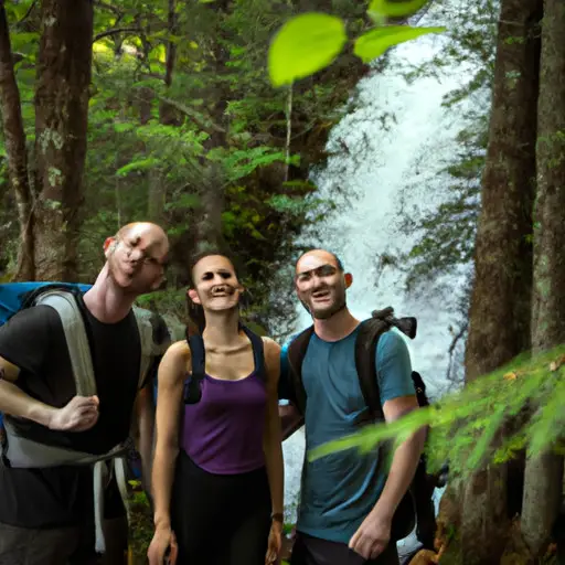 An image showcasing two couples hiking through a lush forest, with backpacks and hiking gear