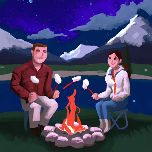 An image of two couples sitting around a cozy campfire on a starry night, toasting marshmallows, laughing, and sharing stories, with a backdrop of serene mountains and a peaceful lake